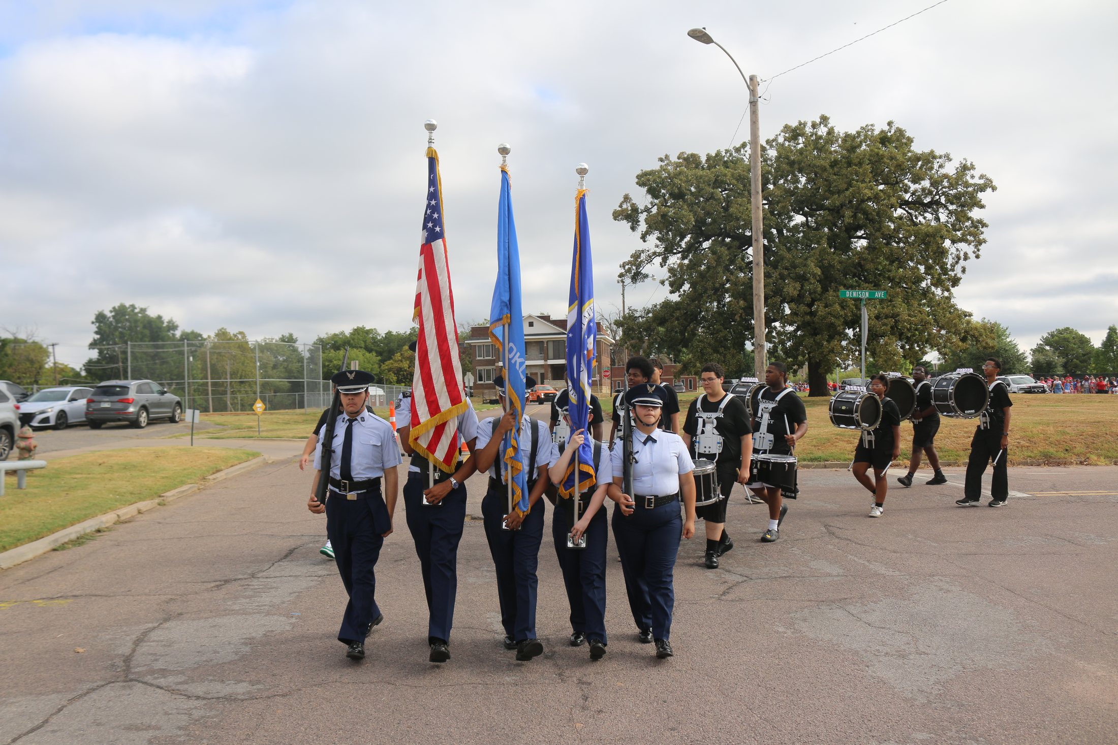 ROTC Color Guard carrying US and Oklahoma flags leading the Patriotic Parade