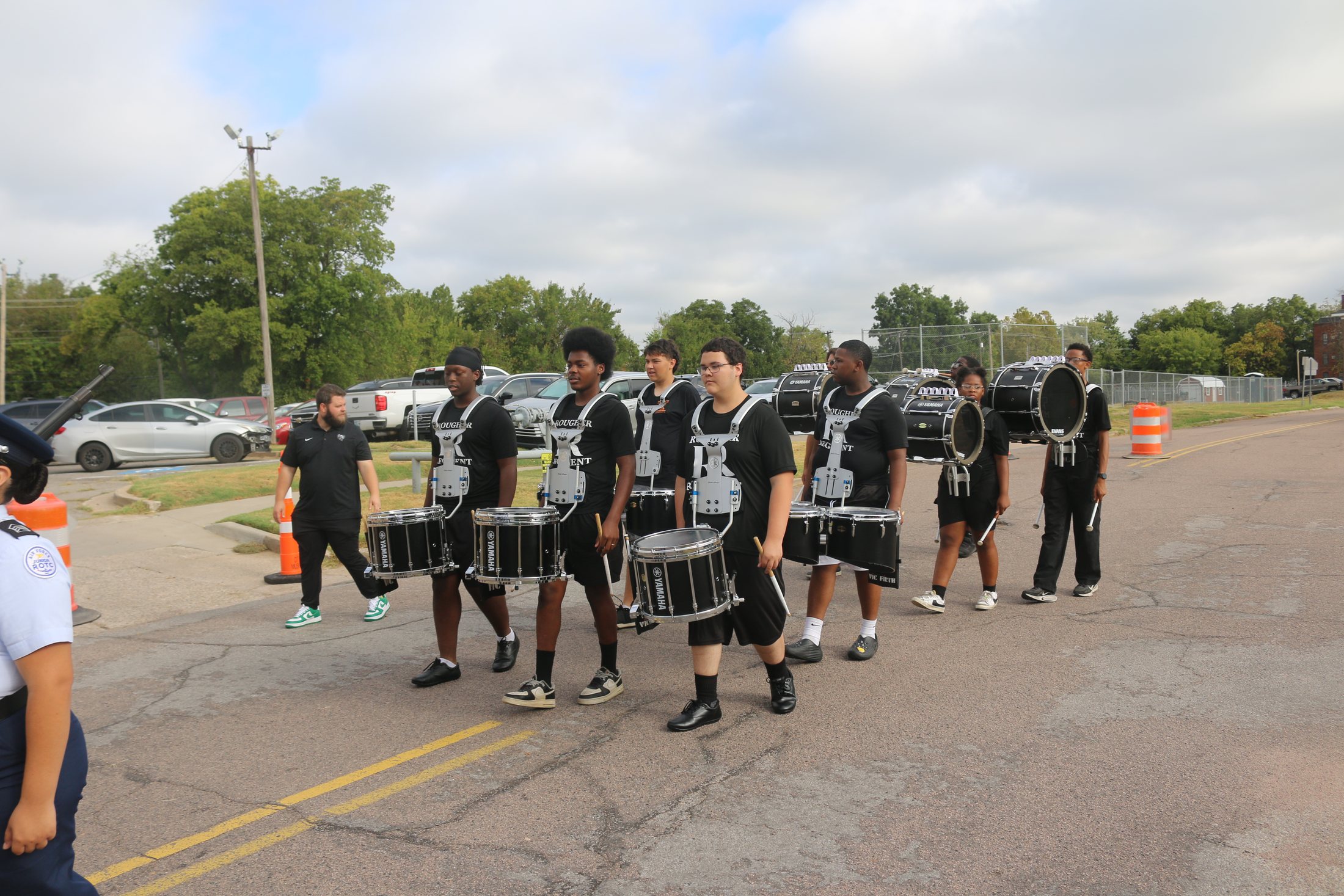 Rougher Regiment drum line marching in the Patriotic Parade